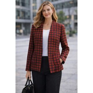 Vtg Ernst Strauss Blazer Womens 14‎ Gray Orange Tweed Open Front Academia Office